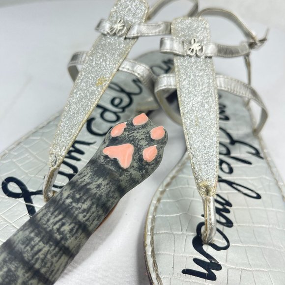 SAM EDLEMAN Womens Gigi Silver Shimmer Metallic Leather Thong Sandal Ankle Strap - Picture 6 of 10